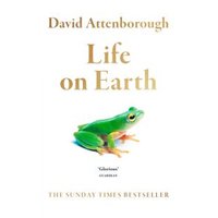 "White book 'Life on Earth' by David Attenborough with a green frog illustration on the cover"