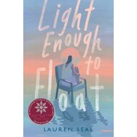 "Light Enough to Float" book cover with a person sitting on a chair by water, pastel sunset background.