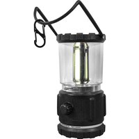 Black Lighthouse Elite LED camping lantern with clear cylindrical casing, dimmable knob, and hanging hook.