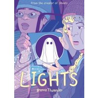 "Illustrated book cover of 'Lights' with two characters holding a ghost drawing"