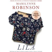 "Lila book by Marilynne Robinson, navy cover with floral pattern and Oprah's Book Club sticker"