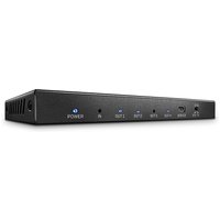 Black Lindy 4 Port HDMI 18G Splitter with LED indicators and labeled input-output ports on the front panel.