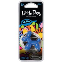 Blue balloon dog-shaped car air freshener in clear packaging with colorful floral background.