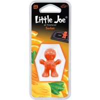 Little Joe Sorbet Clip Car Air Freshener, orange smiling figure, hexagonal packaging, citrus background.