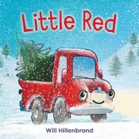 Children's book "Little Red" with a smiling red truck carrying a Christmas tree in a snowy landscape.