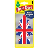 Union Jack Little Trees car air freshener in tree shape, yellow packaging with red and white branding.