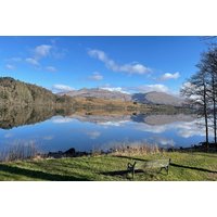 Lochside view with mountains, clear sky, and trees reflected in water; grassy area with two benches in foreground.
