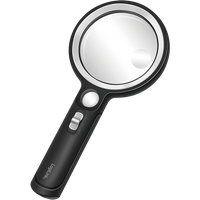 Black LogiLink LED reading magnifier with 30 LEDs, 90mm diameter lens, ergonomic handle, and power switch.