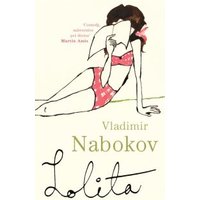 Book cover of "Lolita" by Vladimir Nabokov, featuring a drawing of a woman in a red bikini reading a letter.