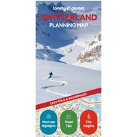 Lonely Planet Switzerland Planning Map with snowy mountain cover, skier, and colorful map icons at the bottom.