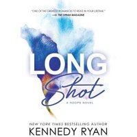 "Long Shot book cover with blue and yellow watercolor splash, bold white title, and author Kennedy Ryan's name below"
