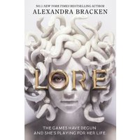 "Lore book by Alexandra Bracken, features a Medusa-like statue with snakes, gold title text on a white cover."
