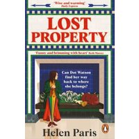 "Lost Property book by Helen Paris, features a woman in a coat holding a suitcase, colorful border design."