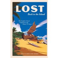 "Book titled 'Lost: Back to the Island' with beach scene, crashed plane, palm trees, and ocean backdrop"