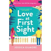 "Love at First Sight book by Jessica Gilmore, cover with couple on balcony, tropical scenery, and vibrant colors"