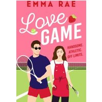 "Love Game book cover with cartoon couple, tennis rackets, pink background, and strawberries."