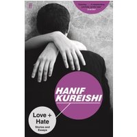 Black and white book cover "Love + Hate" by Hanif Kureishi, featuring an embracing couple with purple text accents.