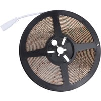 Black reel with warm white LED tape strip, splash-proof, 5m length, by LR Technology, with white connector cable.