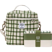 Green and white checkered lunch box set with handle and strap, featuring Hindbag and Monbento logos.
