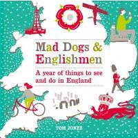 "Mad Dogs & Englishmen book with England map, icons like a cyclist, lion, and landmarks on a teal background"