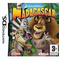 Nintendo DS game "Madagascar" cover featuring animated animals: lion, zebra, giraffe, and hippo with jungle background.