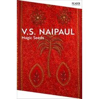 "Magic Seeds book by V.S. Naipaul, red cover with gold palm tree and floral patterns"