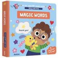 "Colorful children's board book 'Magic Words' with cartoon characters, flowers, and a dog on the cover."