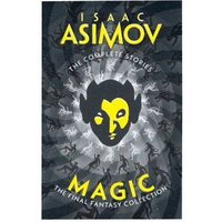 "Magic" book by Isaac Asimov, dark cover with yellow text and abstract face design surrounded by shadowy figures.