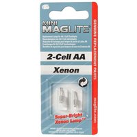 Maglite LM2A001 AA bulb pack with two silver xenon bulbs in a blue and red blister packaging.