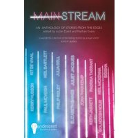 "Mainstream book cover with neon pink and white text on a dark background, featuring vertical light streaks."