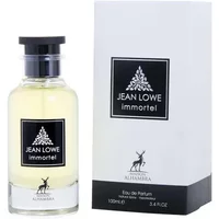 Clear glass bottle with black cap, Maison Alhambra Jean Lowe Immortal Eau De Parfum, next to white box with black label.
