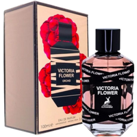 Maison Alhambra Victoria Flower Orchid Eau De Parfum bottle with black cap, floral design, and matching box.