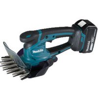 Black and blue Makita cordless grass shear with 18V battery, ergonomic handle, and sharp metal blades.