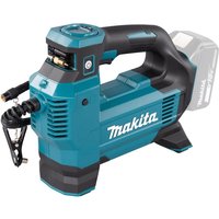Blue Makita cordless inflator with digital display, pressure gauge, and coiled hose, compatible with 18V LXT batteries.