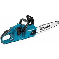 Makita DUC353Z blue cordless chainsaw with 35cm blade, ergonomic handle, and dual 18V battery slots.