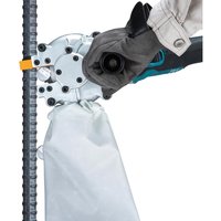 Makita dust bag attached to a concrete steel saw, featuring a white fabric bag and a metal attachment point.