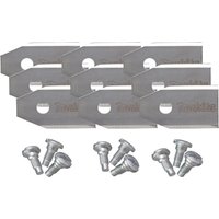 Makita replacement blades for RM350 mower, silver rectangular with mounting holes, includes screws.