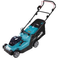 Makita cordless lawnmower, teal and black, with 430mm cutting deck, ergonomic handle, and rear grass collection bag.