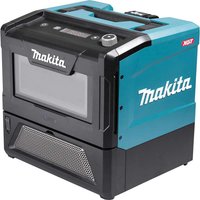 Makita MW001G 40v Max XGT cordless microwave, black and teal with digital display and handle.