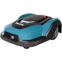 Makita RM350D cordless brushless robotic lawnmower, teal with black and red accents, compact design, 240mm cutting width