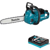 Makita UC025G cordless chainsaw, teal body, 350mm bar, brushless motor, black handle, 40v Max XGT battery system.