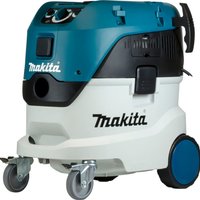 Makita VC4210MX/2 dust extractor, blue and white, 42L capacity, large wheels, control dials, and handle.