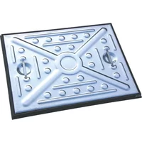 Rectangular galvanized steel manhole cover with circular patterns and polypropylene frame.