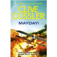 "Book 'Mayday!' by Clive Cussler, cover with yellow biplane flying through explosion, blue sky background"