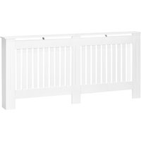 White MDF radiator cover cabinet with slatted front design, natural wood finish, 172cm x 19cm x 81.5cm.