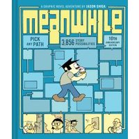 Blue graphic novel "Meanwhile" with cartoon character and multiple story panels on cover.