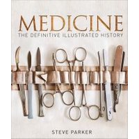 "Medicine book with surgical tools illustration, featuring scissors, scalpel, and forceps on the cover."