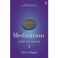 Purple book cover titled "Meditation: Now or Never" by Steve Hagen, featuring a circular labyrinth design.