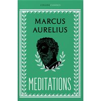 Green paperback book "Meditations" by Marcus Aurelius, featuring a laurel-wreathed profile illustration.