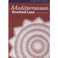 "Book titled 'Mediterranean Knotted Lace' with intricate white lace design on a maroon background"